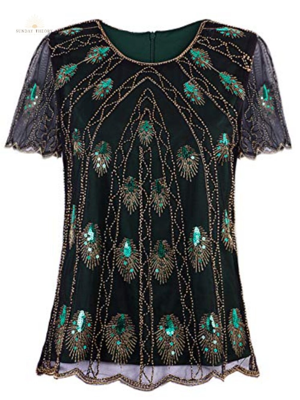 Vijiv Beaded Sequin Evening Top Scalloped Hem Gatsby Party Blouse